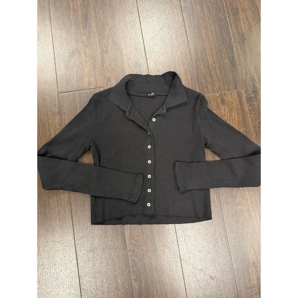 John Galt Brandy Melville Black Ribbed Collared Long-Sleeve Button-Up Top Small